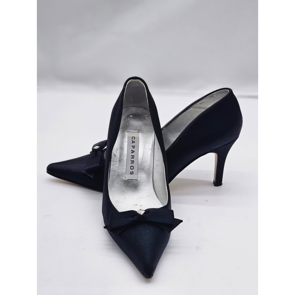 Caparros Pumps Women 5.5 Black Good Satin Bow Rhinestone Pointed Toe Stiletto
